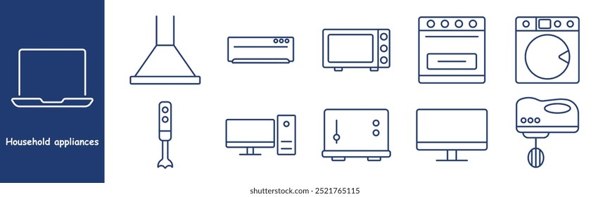 Household appliances set icon. Microwave, stove, oven, washing machine, air extractor, computer monitor, blender, kitchen devices, home electronics, cooking tools, modern appliances