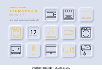 Icono de conjunto de electrodomésticos. Microondas, horno, ordenador portátil, campana extractora, aire acondicionado, lavadora, tostadora, licuadora, ordenador de sobremesa, utensilios de cocina