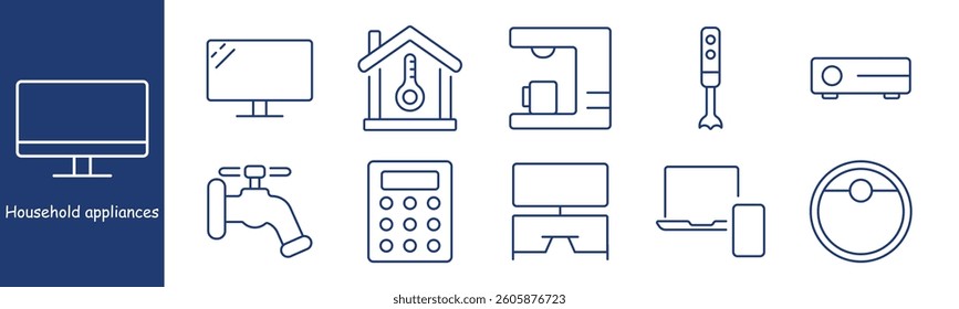 Household appliances set icon. Monitor, thermometer house, coffee machine, blender, projector, faucet, calculator, desk, laptop, vacuum robot