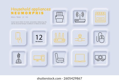 Household appliances set icon. Printer, router, oven, smartphone, desktop, armchair, projector, mouse, burner, interface, laptop, showing modern tech and comfort