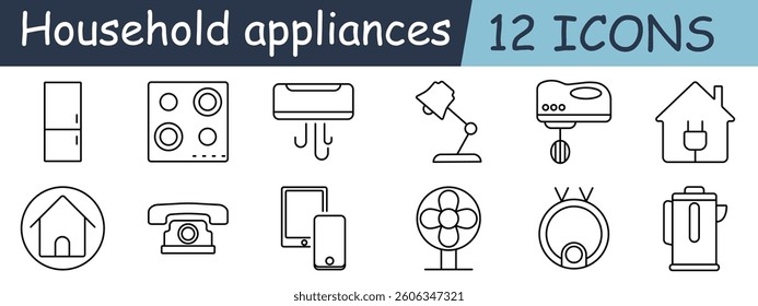 Household appliances set icon. Refrigerator, speaker, conditioner, lamp, mixer, house plug, home system, fan, vacuum cleaner, kettle, devices, phone