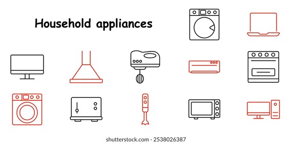 Household appliances set icon. Robot vacuum, dishwasher, refrigerator, stove, kitchen scale, air fryer, pressure cooker, projector. Best for home electronics and kitchen gadgets