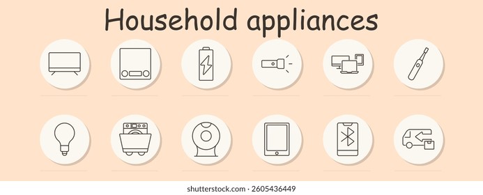 Household appliances set icon. Tv, scale, battery, flashlight, monitor, toothbrush, bulb, dishwasher, webcam, tablet, phone, delivery
