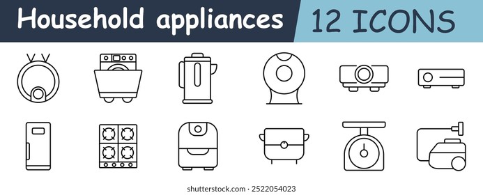 Household appliances set icon. Vacuum robot, dishwasher, coffee maker, webcam, projector, fridge, stove, air fryer, slow cooker, scale, sewing machine.