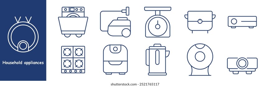 Household appliances set icon. Washing machine, vacuum cleaner, kitchen scale, rice cooker, stove, projector, air purifier, coffee maker, blender, household devices, cleaning, cooking