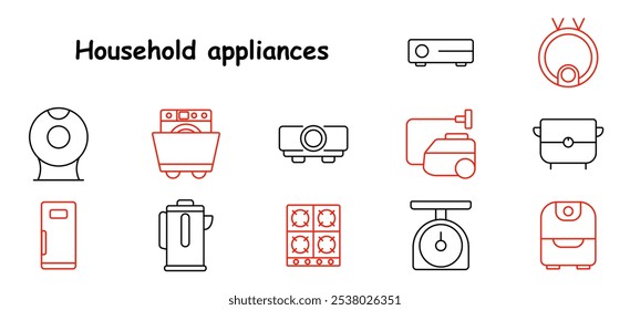 Household appliances set icon. Washing machine, refrigerator, projector, vacuum, scale, oven, heater, blender, steamer, fan, kitchen, utility