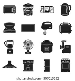 Household appliances set icons in black style. Big collection household appliances vector symbol stock