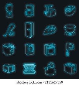 Household appliances set icons in neon style isolated on a black background