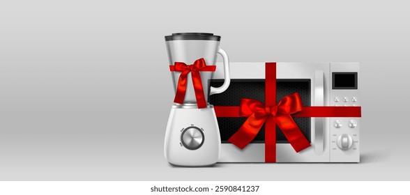 Household appliances set with red ribbon and bow - electric blender and microwave oven gifts on gray background. 3d realistic vector illustration of kitchen utensils presents for sale promo.