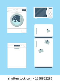 Household appliances set. Refrigerator,  washing machine, dishwasher machine and microwave on blue background. Vector illustration.