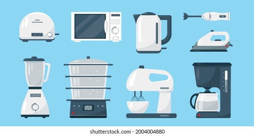 Household appliances set. White microwave, kettle, blender, mixer, coffee machine, iron and toaster. Vector illustration icons isolated on blue background..