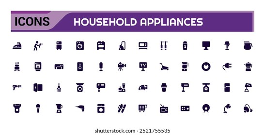 Conjunto de iconos sólidos de electrodomésticos. Conjunto de hogar, cocina, lavavajillas relleno icono conjunto. Glifo para Web y ui. Conjunto de iconos sólidos. Ilustración vectorial.