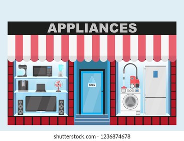 Household appliances store. The interior of the building with a canopy, glass window. Vector illustration. EPS10