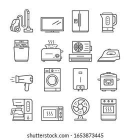 Los iconos de la línea delgada de los electrodomésticos. Símbolos vectoriales de contorno editado y signos lineales aislados en fondo blanco