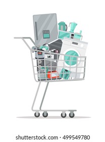 Household appliances in a trolley flat style. Illustration for electronics stores advertising. Purchase of electric equipment for every day use. Big sale concept. Set of devices in cart. Vector