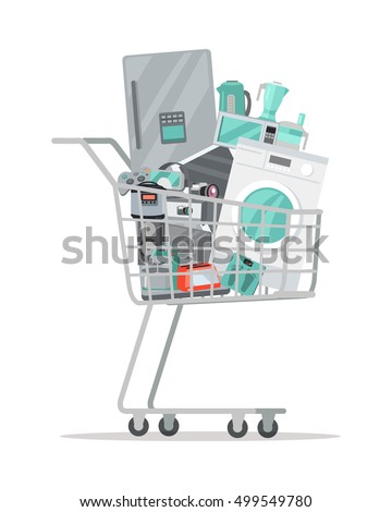 Household appliances in a trolley flat style. Illustration for electronics stores advertising. Purchase of electric equipment for every day use. Big sale concept. Set of devices in cart. Vector