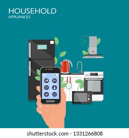 Household appliances vector flat illustration. Hand holding smartphone with remote control app and smart kitchen appliances fridge, stove, microwave, kettle. Internet of things, smart house technology