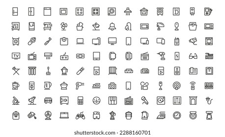 Household appliances vector icon set such as toaster, blender, hairdryer, electric range, video and photo camera. Editable line icon collection