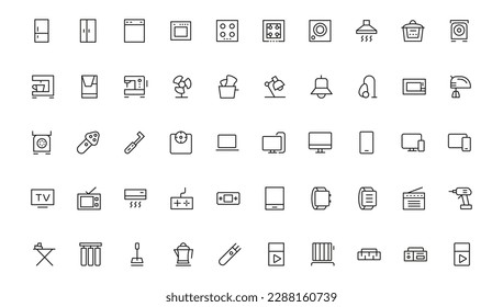 Household appliances vector icon set such as toaster, blender, hairdryer, electric range, video and photo camera. Editable line icon collection