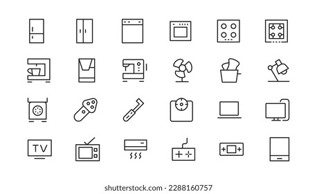 Aparatos domésticos de vectores como tostadora, licuadora, secador de pelo, gama eléctrica, cámara de vídeo y fotografía. Colección de iconos de línea editable