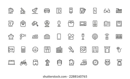 Household appliances vector icon set such as toaster, blender, hairdryer, electric range, video and photo camera. Editable line icon collection