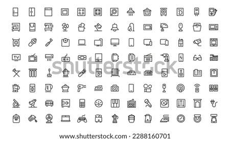 Household appliances vector icon set such as toaster, blender, hairdryer, electric range, video and photo camera. Editable line icon collection