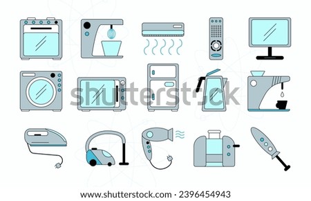 Household appliances vector icon set. Electric stove, mixer, air conditioning, TV, washing machine, microwave oven, refrigerator, kettle, coffee machine, iron, vacuum cleaner hairdryer toaster blender