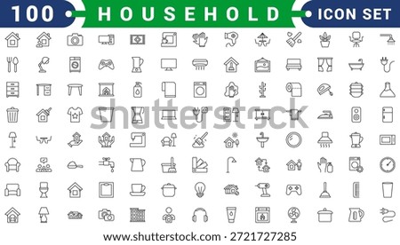 Household appliances vector icon set such as toaster, blender, hairdryer, electric range, video and photo camera. Editable line icon collection