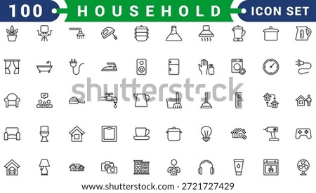 Household appliances vector icon set such as toaster, blender, hairdryer, electric range, video and photo camera. Editable line icon collection