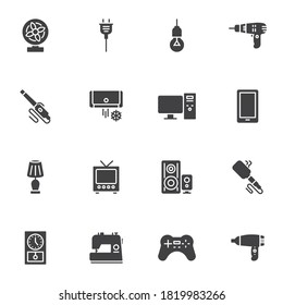 Household appliances vector icons set, modern solid symbol collection, filled style pictogram pack. Signs, logo illustration. Set includes icons as electric plug, air conditioner, pc computer, phone