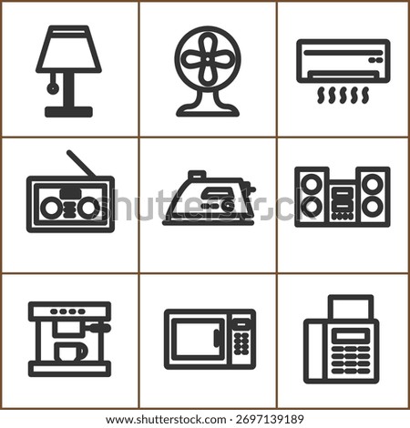 Household Appliances Vector Icons Set in Grid Pattern Clean Design.