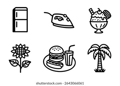 Household Appliances Vector Line Art Icons Set Featuring Kitchen and Home Related Symbols