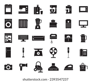 Household appliances vector silhouette icons. 