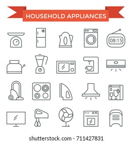 Household application icons, thin line flat design