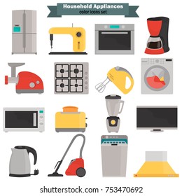 Household appliences color flat icons set