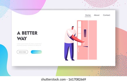 Household Artificial Intelligence Device Website Landing Page. Man Opening Smart Refrigerator with Wireless Wifi Internet Connection. Kitchen Iot Tech Web Page Banner. Cartoon Flat Vector Illustration