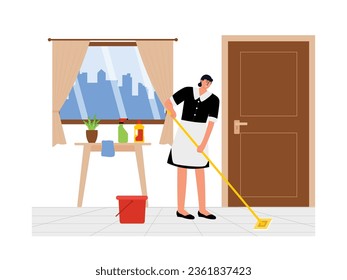 Household assistant cleaning the floor using a mop, with clean water and soap, vector illustration.