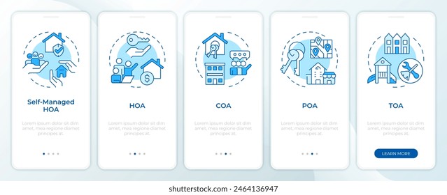 Household association types blue onboarding mobile app screen. Walkthrough 5 steps editable graphic instructions with linear concepts. UI, UX, GUI template