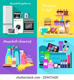 Household beverages food and cosmetic. Appliance and makeup fashion, lipstick and brush, powder and care, detergents and mascara, bottle product, drink and kitchen equipment illustration