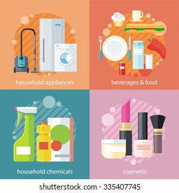 Household beverages food and cosmetic. Appliance and makeup fashion, lipstick and brush, powder and care, detergents and mascara, bottle product, drink and kitchen equipment set on banners