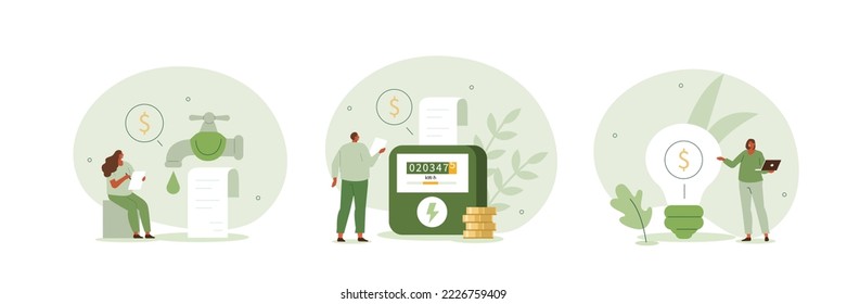 Household bills illustration set. Characters calculating electricity, warm tap water and other utility costs. Energy and utilities consumption at home concept. Vector illustration.