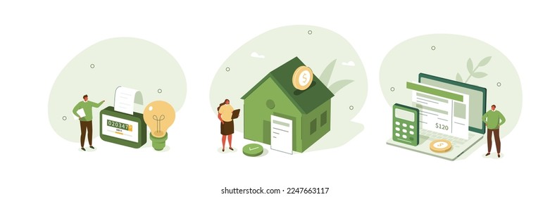 Household bills illustration set. Characters calculating electricity and other utility costs. Energy and utilities consumption at home concept. Vector illustration.