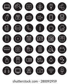 Household black linear icons set. Vector symbols in circle isolated on white