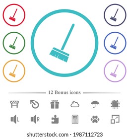 Household broom flat color icons in circle shape outlines. 12 bonus icons included.