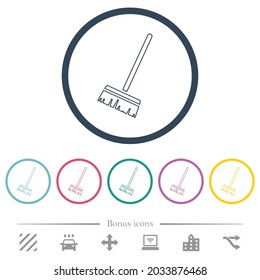 Household broom flat color icons in round outlines. 6 bonus icons included.