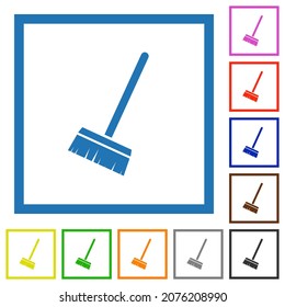 Household broom flat color icons in square frames on white background