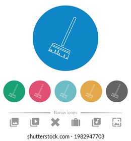 Household broom flat white icons on round color backgrounds. 6 bonus icons included.