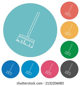 Household broom outline flat white icons on round color backgrounds