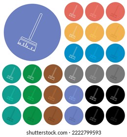Household broom outline multi colored flat icons on round backgrounds. Included white, light and dark icon variations for hover and active status effects, and bonus shades.