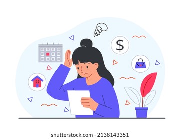 Household budget concept. Girl with documents in her hands scratches her head. Confusion and restlessness. Character got bills, financial literacy and cost estimate. Cartoon flat vector illustration